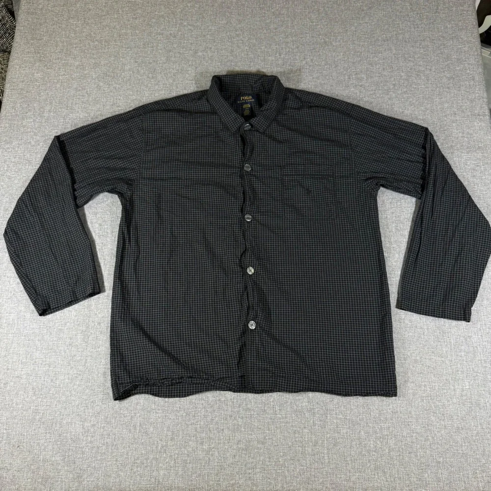 Polo Ralph Lauren Sleepwear Top Mens Large Black Plaid Grid Cotton Button Up PJ
